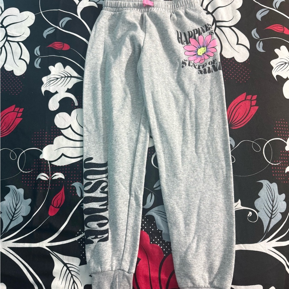 Justice Light Gray Kids Joggers with Pink Floral Design